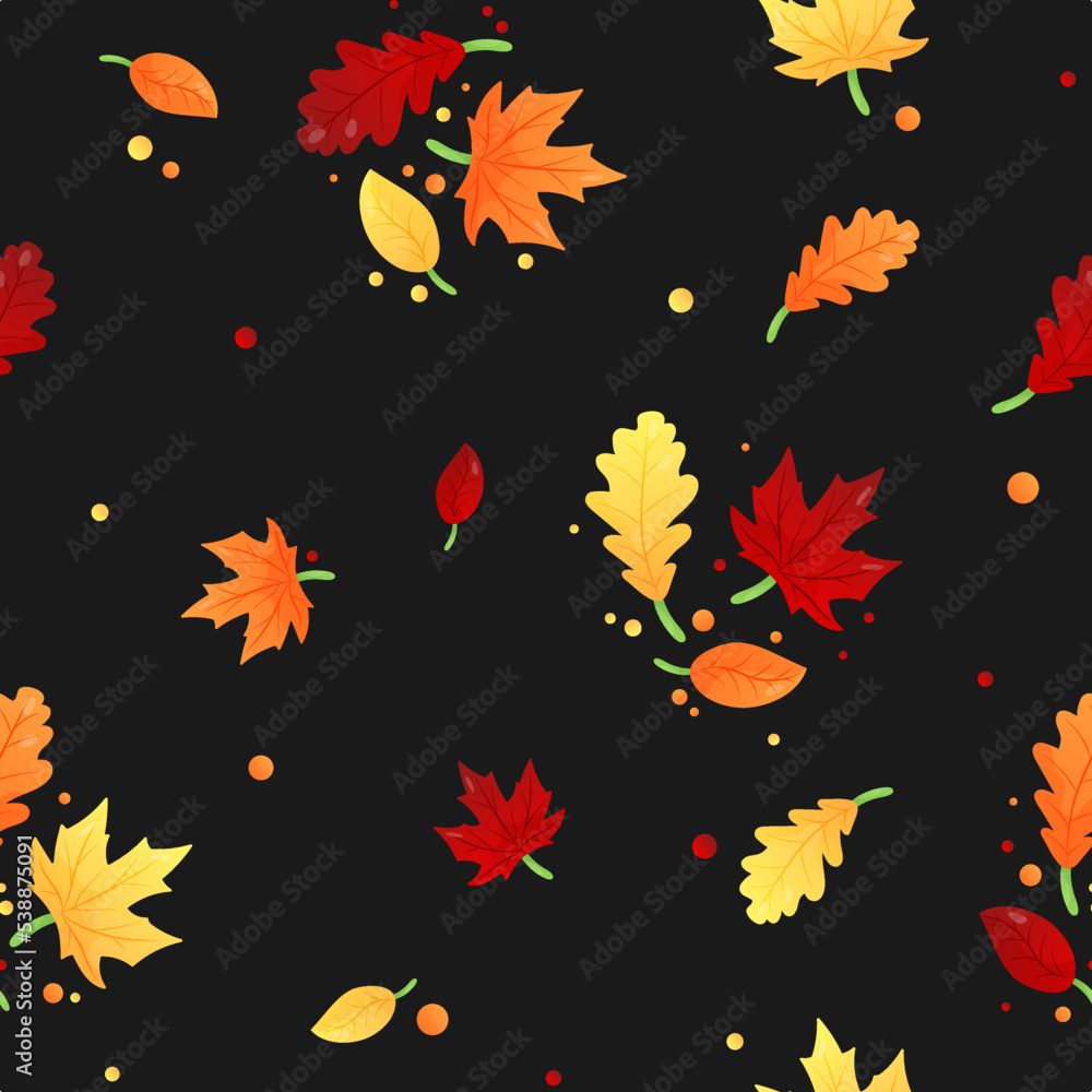 Seamless Autumn pattern with red, yellow, ginger oak, maple leaves on black background. Vector illustration, print for packaging, fabrics, wallpapers, textiles.