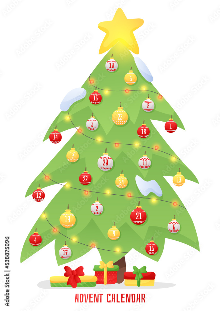 Naklejka premium Advent calendar, green Christmas tree with light, garland and red, white, yellow Christmas balls with ornament and numbers. Merry Christmas poster. Holiday design, decor. Vector illustration.