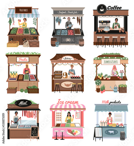 Shop booth. Street market stalls with products, funny sellers, vegetables and fruits, meat, milk and ice cream, coffee and flowers, bakery and seafood, various food, tidy vector cartoon set