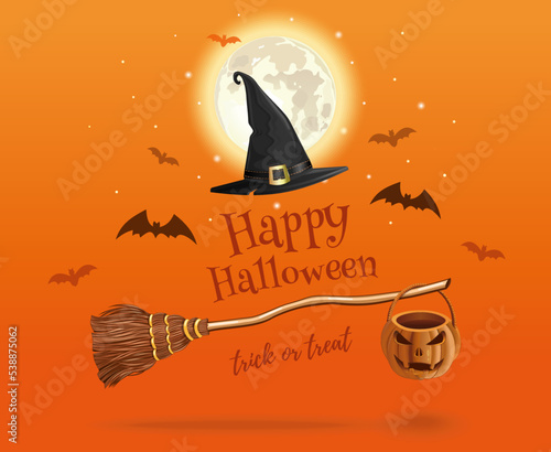Halloween design. Witchs broom and witches hat on the background of the full moon. Vector illustration