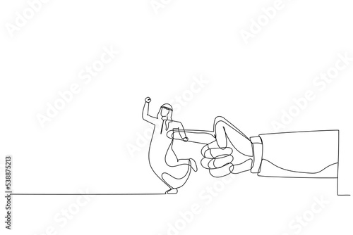 Cartoon of giant hand pushing arab man. Metaphor for giving the push at work. Continuous line art style