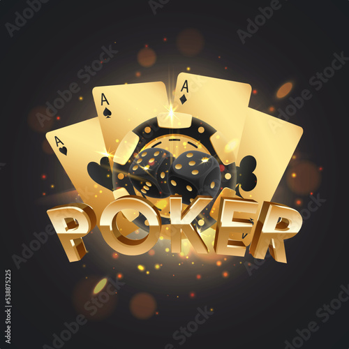 Golden lettering Poker with poker chip, token, black dices, playing cards on black background with gold lights, sparkles and bokeh. Vector illustration for casino, game design, advertising