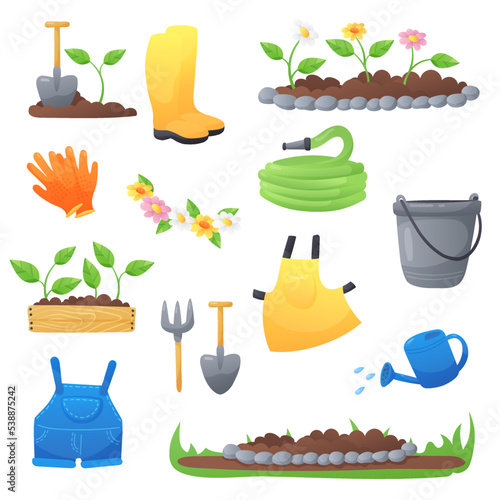Set of  gardening Tools, items, blue watering can, green sprouts, shovel, rake, apron, bucket, hose, flower bed, gloves, wooden box, boots isolated on white background. Vector illustration 