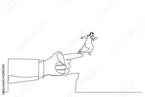 Drawing of giant hand pointing to the wrong way to a arab man. Single line art style