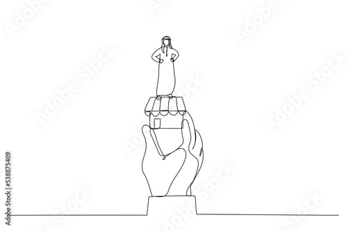Cartoon of success arab businessman holding winner flag on small store in giant hand. Metaphor for small business idea, successful entrepreneur. Continuous line art