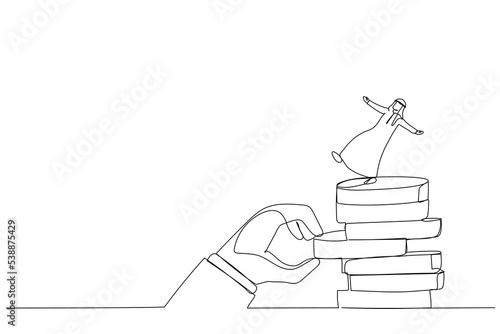 Drawing of giant hand pull back money from coin stack causing arab businessman to fall down. Metaphor for investment risk, liquidity, market volatility. Single continuous line art