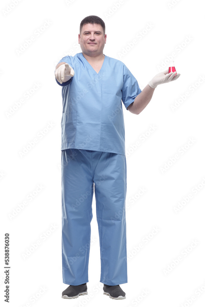 male doctor with a laboratory flask in his hands . male doctor with a laboratory flask in his hands .
