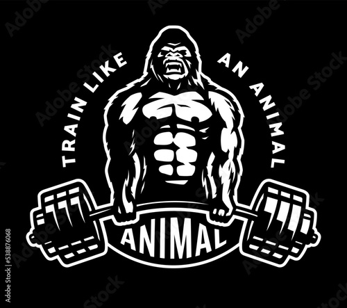 Gorilla with a barbell in his hands. Bodybuilding and fitness logo a dark background. Vector illustration.