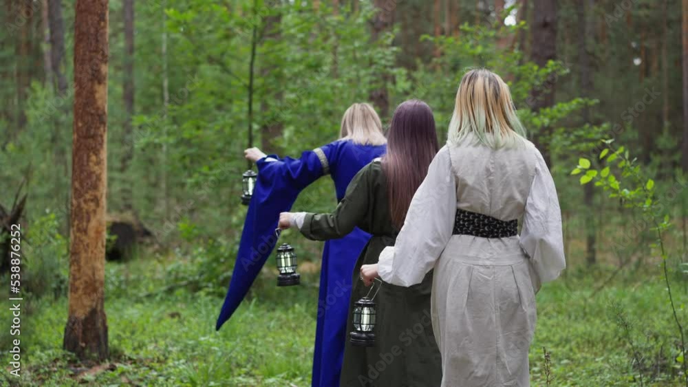 young girls in medieval long dresses walking through forest with lanterns in hands, gathering, looking for herbs young girls in medieval long dresses walking through forest with lanterns in hands, gathering, looking for herbs