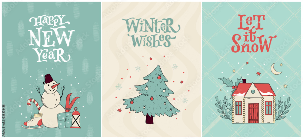 Set of Christmas and new year greeting cards, posters, prints, invitations, banners decorated with doodles and lettering quotes. EPS 10