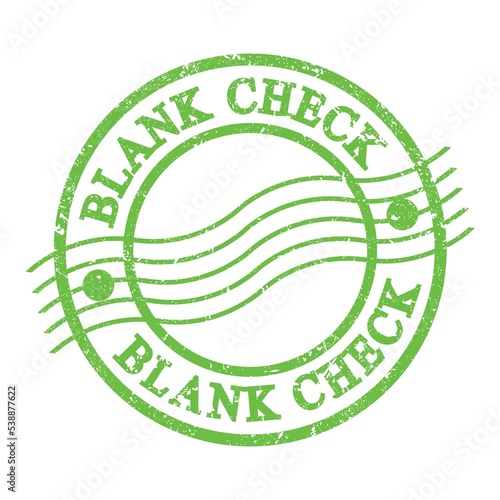 BLANK CHECK, text written on green postal stamp.