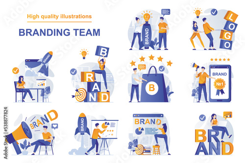 Branding team web concept with people scenes set in flat style. Bundle of new brand building for business, creating trademark and logo, success strategy. Vector illustration with character design