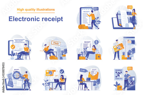 Electronic receipt web concept with people scenes set in flat style. Bundle of online payment with digital invoice, financial transactions via mobile app. Vector illustration with character design