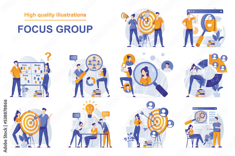 Focus group web concept with people scenes set in flat style. Bundle of market research of audience, aim at group, analyzing data and customer behavior. Vector illustration with character design - obrazy, fototapety, plakaty 
