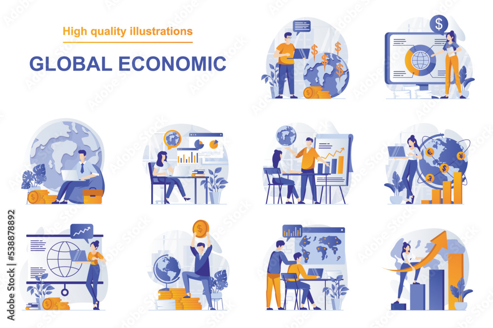 Global economic web concept with people scenes set in flat style. Bundle of world markets research, financial statistics, developing international business. Vector illustration with character design Global economic web concept with people scenes set in flat style. Bundle of world markets research, financial statistics, developing international business. Vector illustration with character design