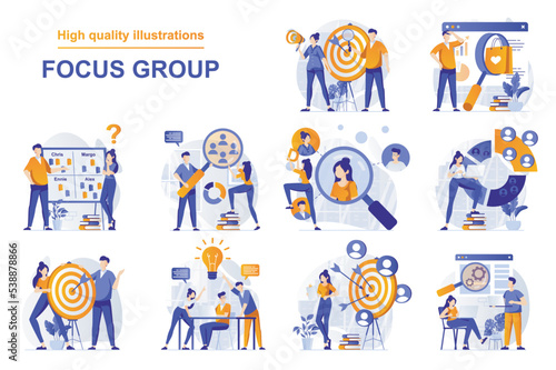 Focus group web concept with people scenes set in flat style. Bundle of market research of audience, aim at group, analyzing data and customer behavior. Vector illustration with character design