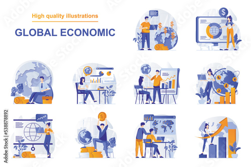 Global economic web concept with people scenes set in flat style. Bundle of world markets research, financial statistics, developing international business. Vector illustration with character design