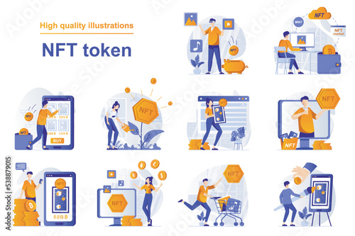 NFT token web concept with people scenes set in flat style. Bundle of non fungible tokens exhibition, artists making crypto art, online auction gallery. Vector illustration with character design