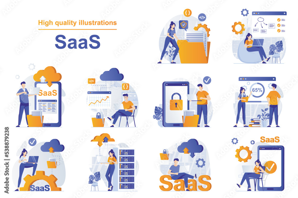 SaaS web concept with people scenes set in flat style. Bundle of using