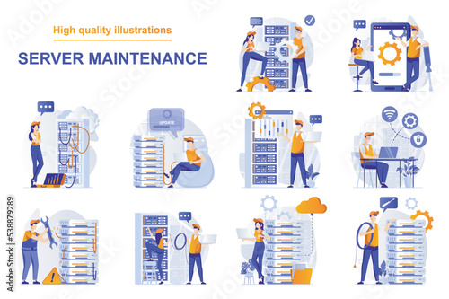 Server maintenance web concept with people scenes set in flat style. Bundle of technical work, working at server rack hardware room, engineers team repairs. Vector illustration with character design