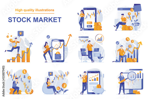 Stock market web concept with people scenes set in flat style. Bundle of analyzing market data, stock trading, buying and selling bonds, financial investment. Vector illustration with character design