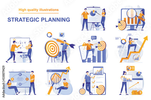 Strategic planning web concept with people scenes set in flat style. Bundle of data analysis, brainstorming, create business plan, targeting, generate ideas. Vector illustration with character design