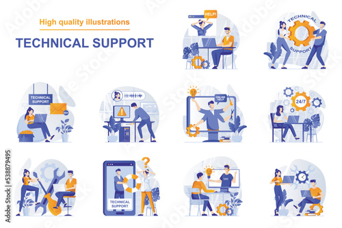 Technical support web concept with people scenes set in flat style. Bundle of customer service, solving tech problems via online chat and calling, feedback. Vector illustration with character design