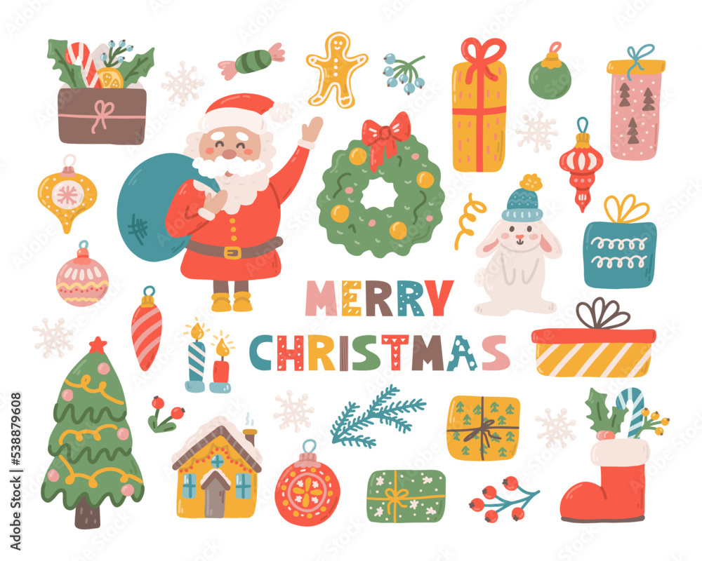 Christmas set of decorative elements and characters for design. Santa Claus, rabbit, gingerbread and gifts. Vector flat illustration on white background in hand drawn style