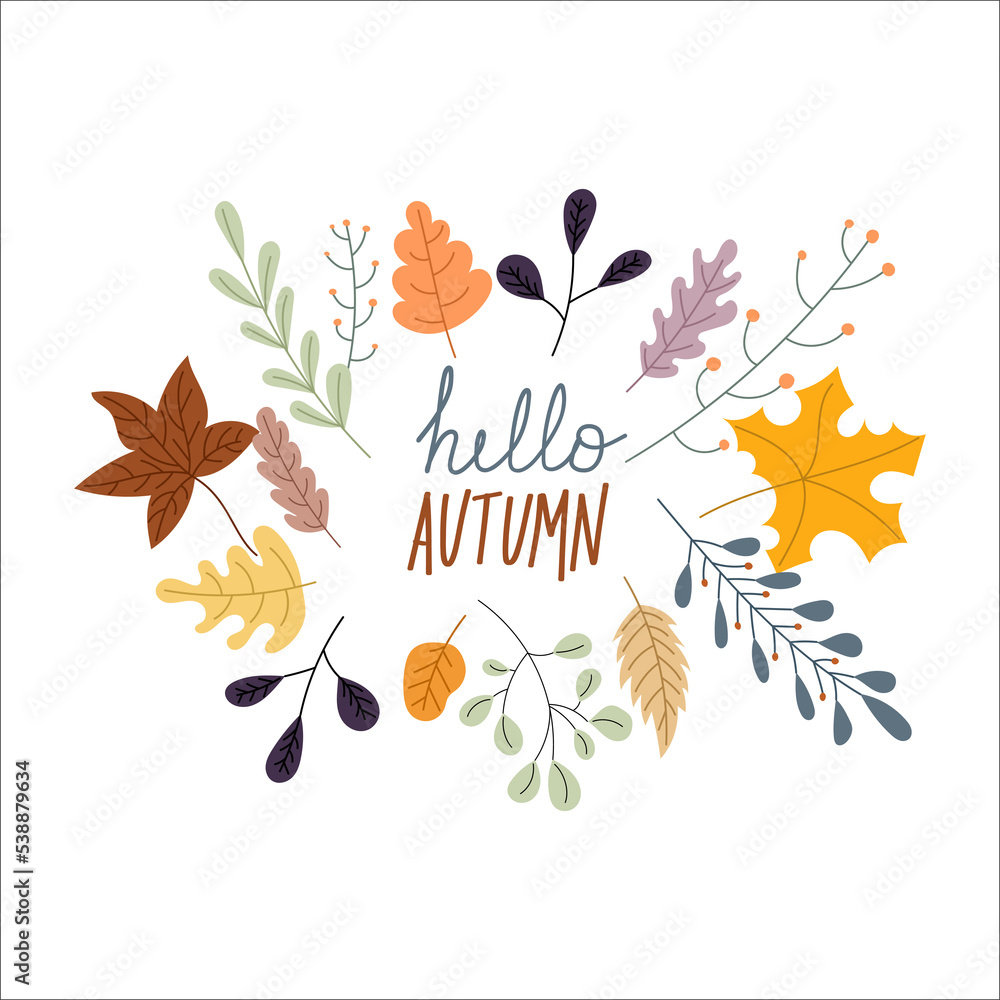 Hello autumn falling leaves. Hello autumn season flat design. Autumn design. Templates for placards, banners, flyers, presentations, reports.