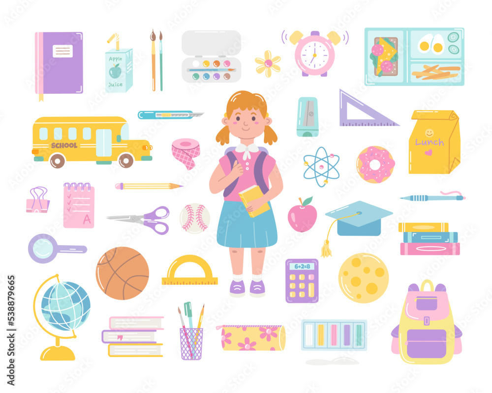 School set of decorative elements for studying with cute girl student. Back to school concept. Vector flat illustration in hand drawn style on white background School set of decorative elements for studying with cute girl student. Back to school concept. Vector flat illustration in hand drawn style on white background