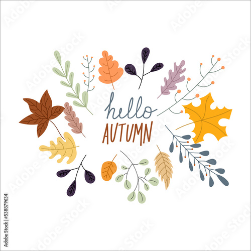 Hello autumn falling leaves. Hello autumn season flat design. Autumn design. Templates for placards  banners  flyers  presentations  reports.