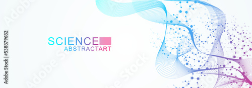 Modern abstract molecules structure for science or medical background. DNA helix or atom visualization. Molecular wave flow abstract background. Vector illustration