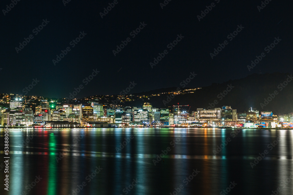 ニュージーランド　首都ウェリントンのオリエンタル・ベイから見えるウェリントン港の夜景