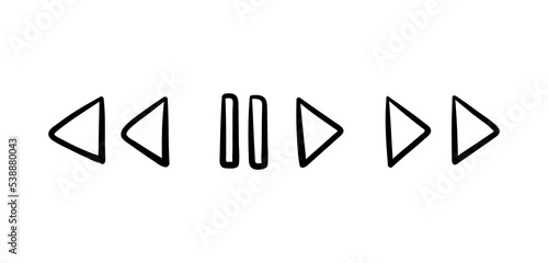 Hand painted music buttons. Graphic elements for player, interface and UI and UX design. Start, pause and rewind. Viewing video and audio files. Poster or banner. Cartoon flat vector illustration