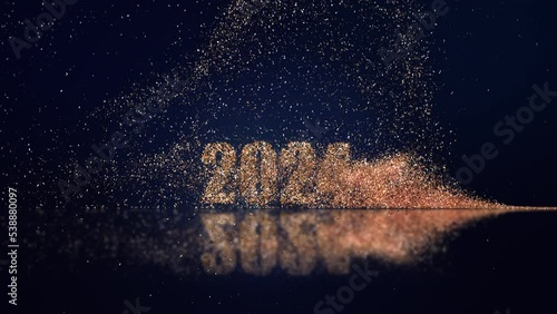 2024 new year numbers in gold particles. The appearance of sparkling numbers in a golden whirlwind.