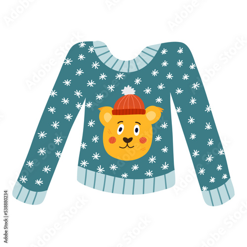 Cute warm knitted sweater with snowflakes and funny bear in the hat. Woolen pullover for cold winter season. Knitwear, handmade Christmas garment, ugly sweater. Hand drawn vector isolated clipart.