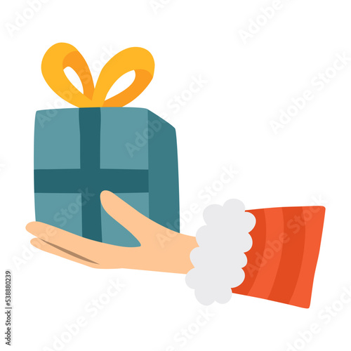 Hand giving wrapped gift box with a bow. Concept of sharing, gifting and receiving gift, surprise, Christmas, holiday. Hand drawn vector hand in the Santa suit is holding present. Isolated clipart.