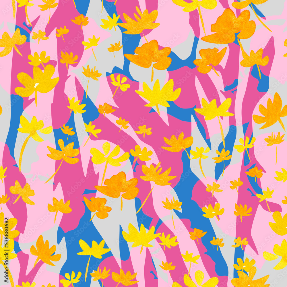 Small watercolor flowers on an abstract pink background. Seamless floral pattern