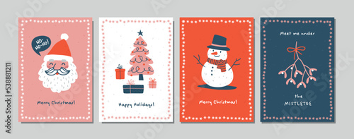 Four Christmas cards set with Santa, snowman, Christmas tree and mistletoe branch.