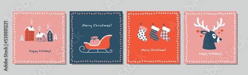 Four Christmas cards set cute with cute deer, colorful socks, little houses and Santa's sleigh.