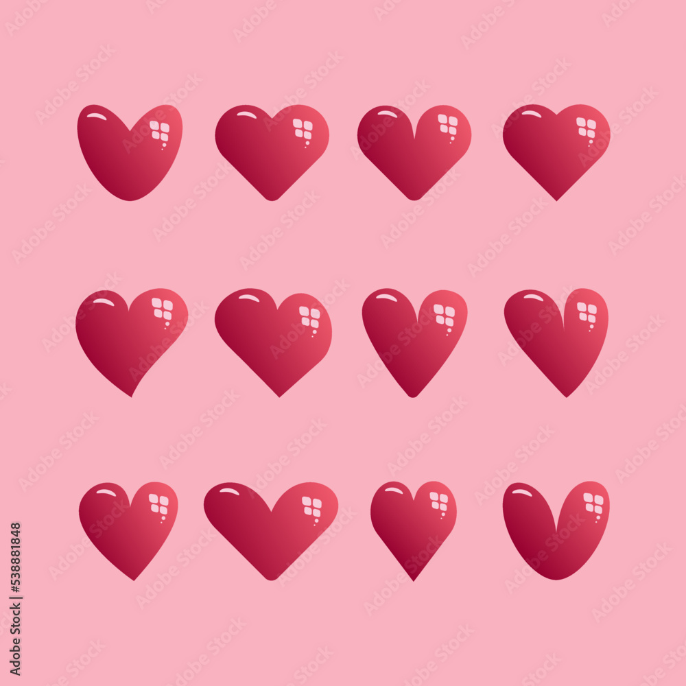 Cute red doodle hearts for Valentine's day. Romantic red hearts of different shapes isolated on pink