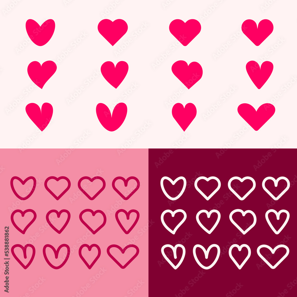 Red hearts outline icons. Cute red hearts for Valentine's day. Romantic red different hearts of shapes isolated on pink