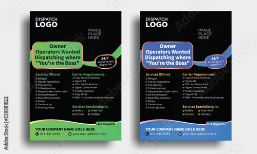 trucking and dispatching logistics flyer, freight broker flyer, owner operators independent freight flyer, truck dispatcher logistics flyer template, transport service black flyer template