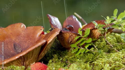 Rain in the forest drips on mushrooms and snails. Autumn forest landscape closeup.  photo