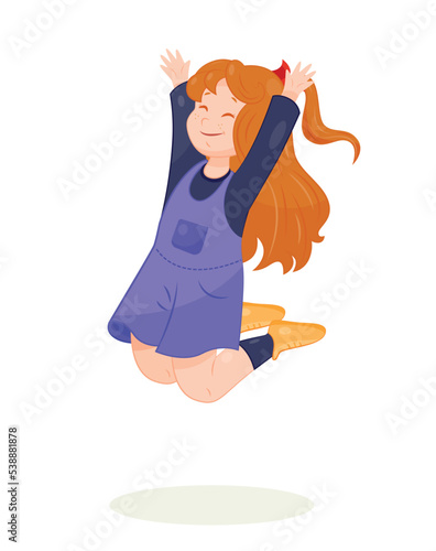 Happy girl jumping. Teenager or schoolgirl in lilac sundress. Summer clothes, rest after school and activities. Graphic element for website, poster or banner. Cartoon flat vector illustration