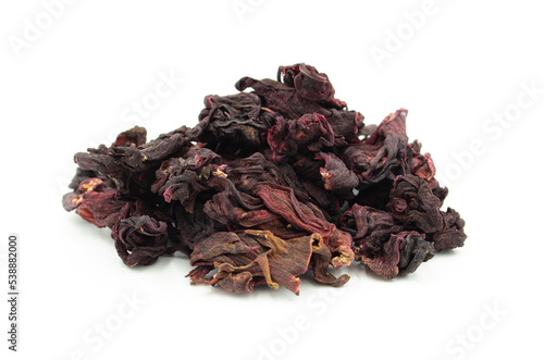 Dried hibiscus flowers isolated on white background.