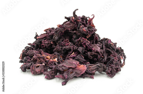 Isolated dried hibiscus flowers hibiscus tea isolated on white background.