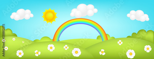 Meadow panorama 3d vector illustration. Fantastic landscape with rainbow on green valley kids background. Colorful cute scenery with flowers, spring grass, blue sky for children's sites or printing.
