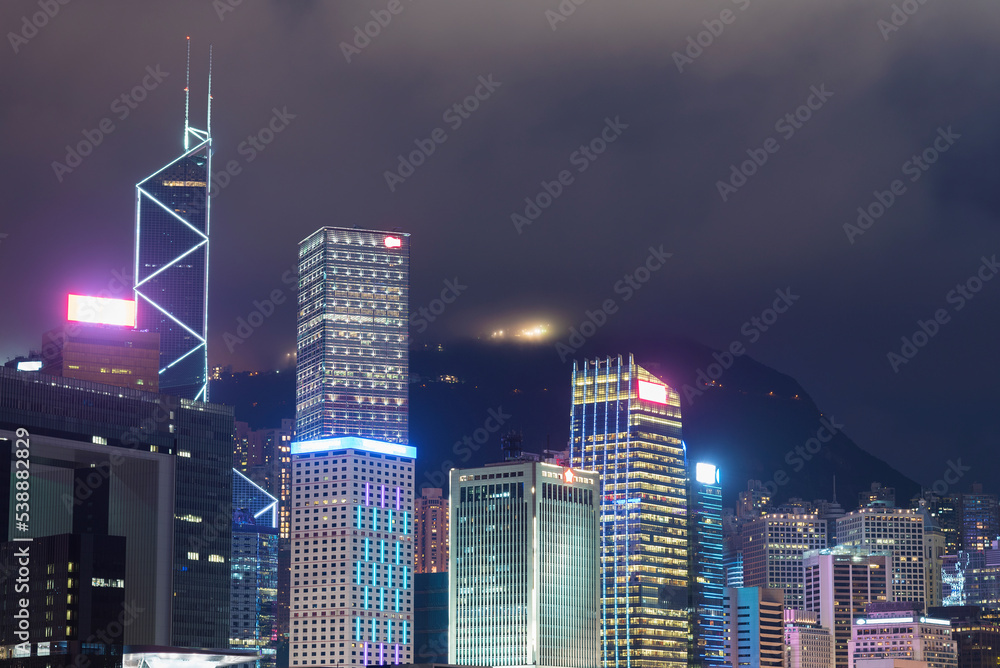 Night scene of High rise office building and skyline of Hong Kong city