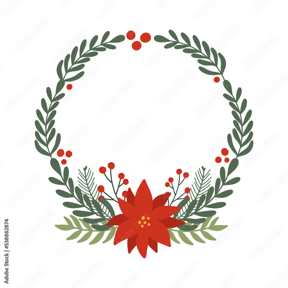 Christmas wreath.Decor for New Year Christmas and holiday.Wreath with red berries.
